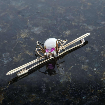 c1960 14K Ty Lee Hong Kong Opal/pink Sapphire Spider Brooch pin - Estate Fresh Austin