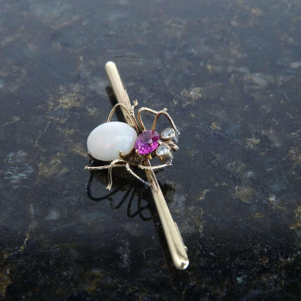 c1960 14K Ty Lee Hong Kong Opal/pink Sapphire Spider Brooch pin - Estate Fresh Austin