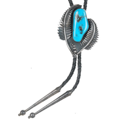 c1960 c-31 Native American silver feathers and turquoise bolo tie - Estate Fresh Austin