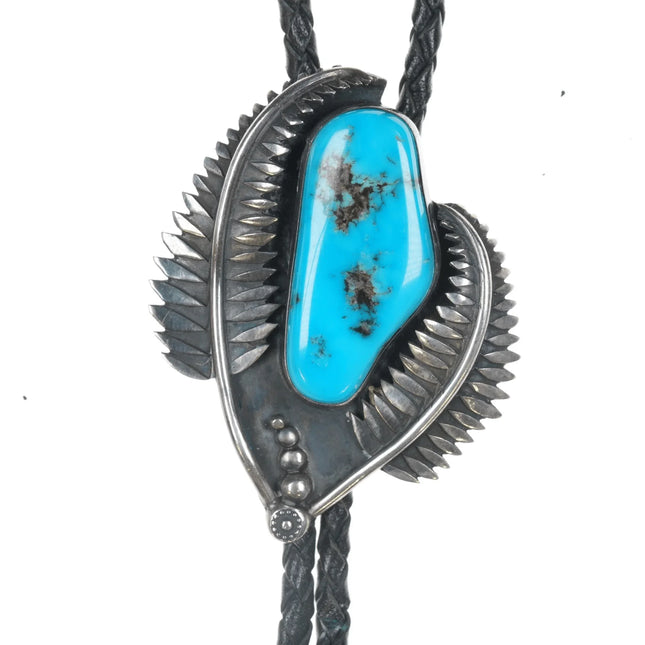 c1960 c-31 Native American silver feathers and turquoise bolo tie - Estate Fresh Austin