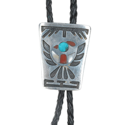 c1960 c-31 Native American turquoise, coral, and shell inlaid sterling bolo tie - Estate Fresh Austin