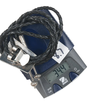 c1960 c-31 Native American turquoise, coral, and shell inlaid sterling bolo tie - Estate Fresh Austin