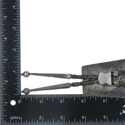 c1960 c-31 Navajo overlay roadrunner sterling bolo tie with turquoise - Estate Fresh Austin