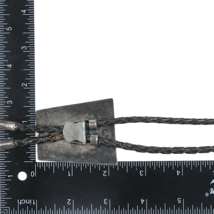 c1960 c-31 Navajo overlay roadrunner sterling bolo tie with turquoise - Estate Fresh Austin