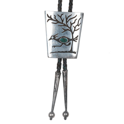 c1960 c-31 Navajo overlay roadrunner sterling bolo tie with turquoise - Estate Fresh Austin