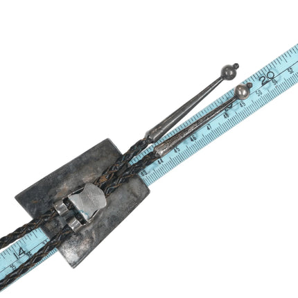 c1960 c-31 Navajo overlay roadrunner sterling bolo tie with turquoise - Estate Fresh Austin