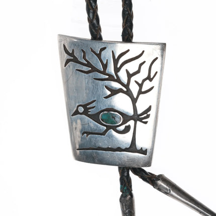 c1960 c-31 Navajo overlay roadrunner sterling bolo tie with turquoise - Estate Fresh Austin