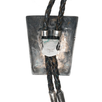 c1960 c-31 Navajo overlay roadrunner sterling bolo tie with turquoise - Estate Fresh Austin