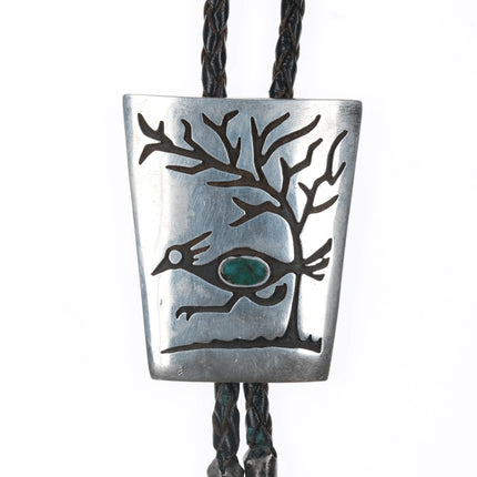 c1960 c-31 Navajo overlay roadrunner sterling bolo tie with turquoise - Estate Fresh Austin