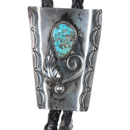 c1960 c - 31 Navajo silver bolo tie with turquoise heavy stamped sides - Estate Fresh Austin