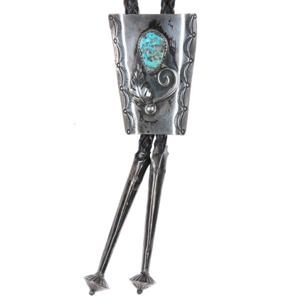 c1960 c - 31 Navajo silver bolo tie with turquoise heavy stamped sides - Estate Fresh Austin