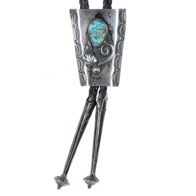 c1960 c - 31 Navajo silver bolo tie with turquoise heavy stamped sides - Estate Fresh Austin