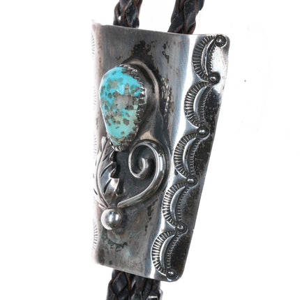 c1960 c - 31 Navajo silver bolo tie with turquoise heavy stamped sides - Estate Fresh Austin