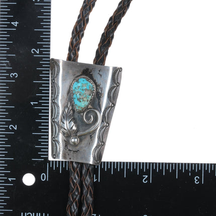 c1960 c - 31 Navajo silver bolo tie with turquoise heavy stamped sides - Estate Fresh Austin