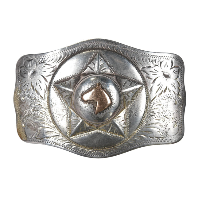 c1960 Irvine & Jachens hand engraved sterling horse head belt buckle - Estate Fresh Austin