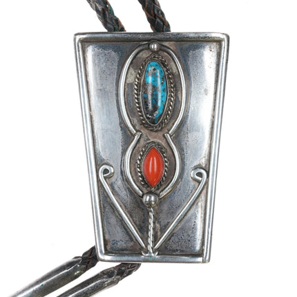c1960 Large Navajo sterling, turquoise, and coral floriform bolo tie - Estate Fresh Austin
