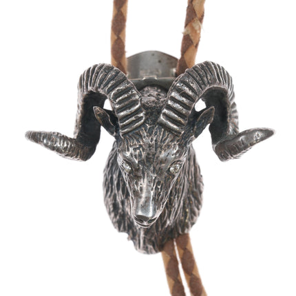 c1960 Large Sterling Ram Head bolo tie with jeweled eyes - Estate Fresh Austin