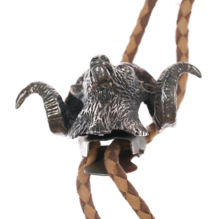 c1960 Large Sterling Ram Head bolo tie with jeweled eyes - Estate Fresh Austin