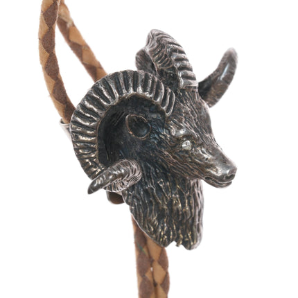 c1960 Large Sterling Ram Head bolo tie with jeweled eyes - Estate Fresh Austin