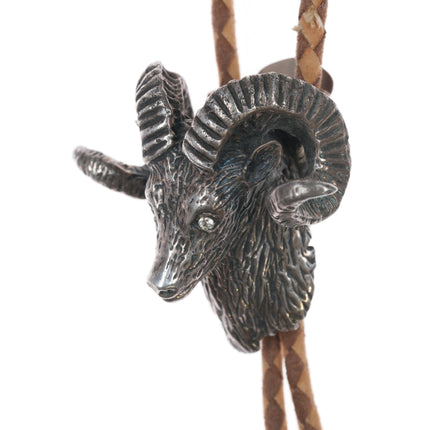 c1960 Large Sterling Ram Head bolo tie with jeweled eyes - Estate Fresh Austin