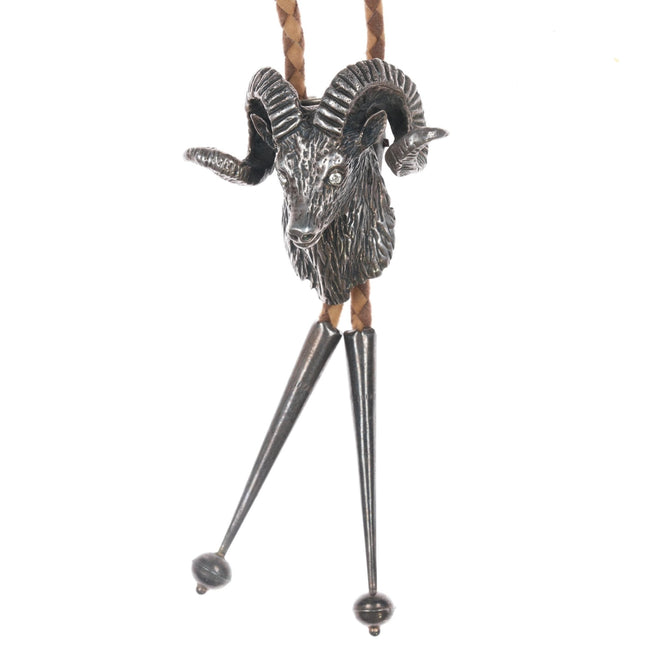 c1960 Large Sterling Ram Head bolo tie with jeweled eyes - Estate Fresh Austin