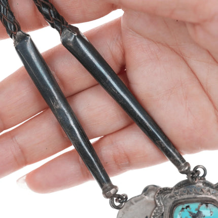 c1960 Navajo Heavy stamped silver bolo tie with turquoise and dangles - Estate Fresh Austin