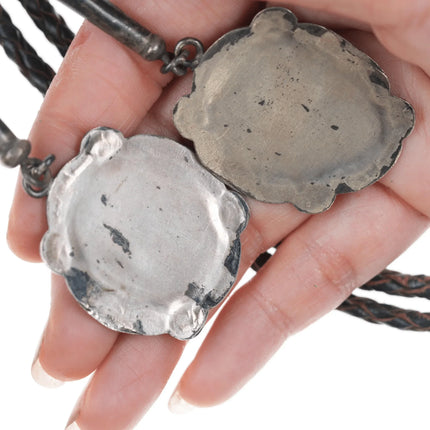 c1960 Navajo Heavy stamped silver bolo tie with turquoise and dangles - Estate Fresh Austin
