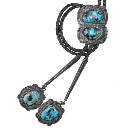 c1960 Navajo Heavy stamped silver bolo tie with turquoise and dangles - Estate Fresh Austin