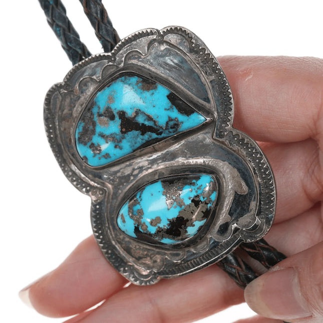 c1960 Navajo Heavy stamped silver bolo tie with turquoise and dangles - Estate Fresh Austin
