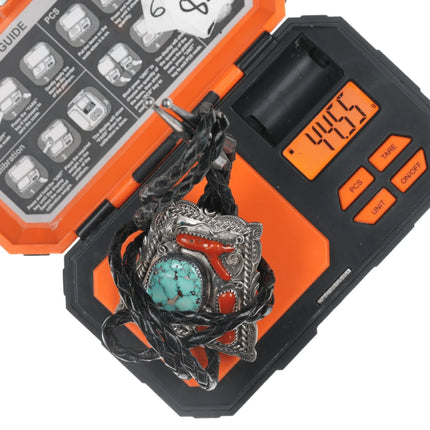 c1970 Begay Navajo sterling, turquoise, and branch coral bolo tie - Estate Fresh Austin