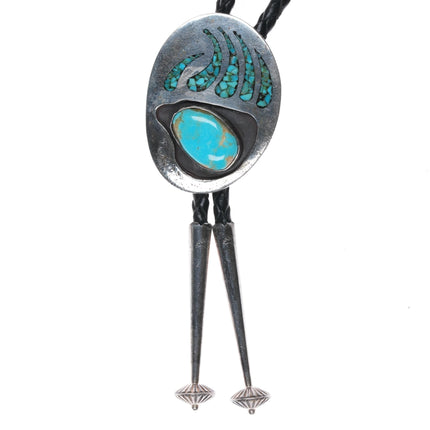 c1970 Jane yikaazba Popovitch Navajo sterling chip inlay turquoise bolo tie - Estate Fresh Austin