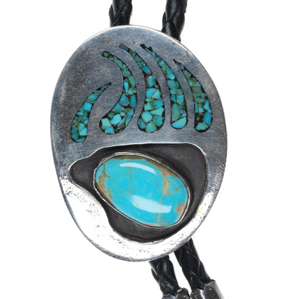 c1970 Jane yikaazba Popovitch Navajo sterling chip inlay turquoise bolo tie - Estate Fresh Austin