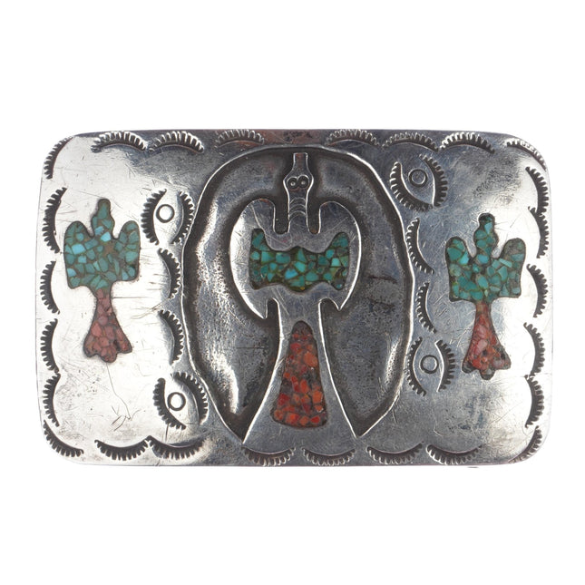 c1970 JB Navajo sterling chip inlay peyotebird belt buckle - Estate Fresh Austin