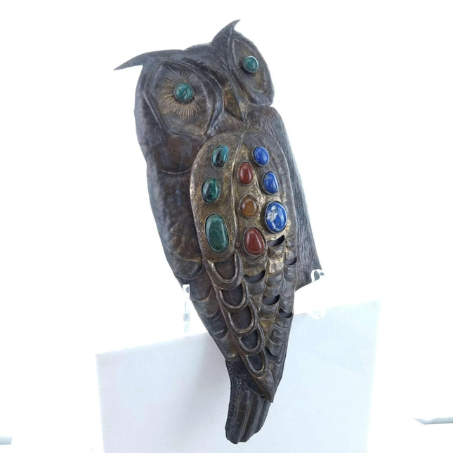 c1970 Juan Reyes Copper and Brass Owl wall plaque with Multicolor Natural Stones - Estate Fresh Austin