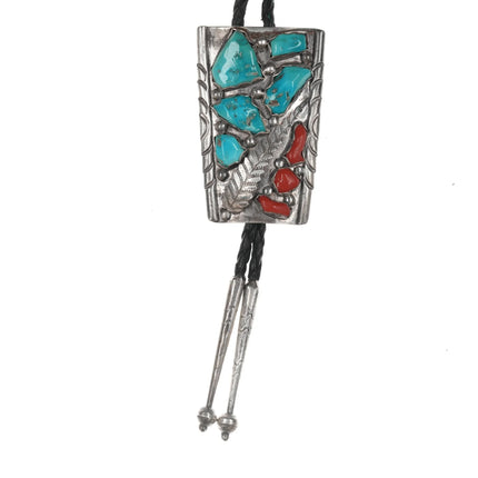 c1970 Large Wayne Cheama Zuni Sterling, turquoise, and coral bolo tie - Estate Fresh Austin