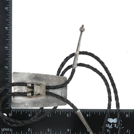 c1970 Large Wayne Cheama Zuni Sterling, turquoise, and coral bolo tie - Estate Fresh Austin