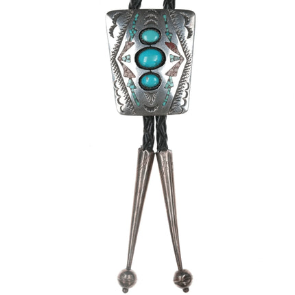 c1970 Navajo Chip inlay sterling bolo tie with turquoise cabochons - Estate Fresh Austin