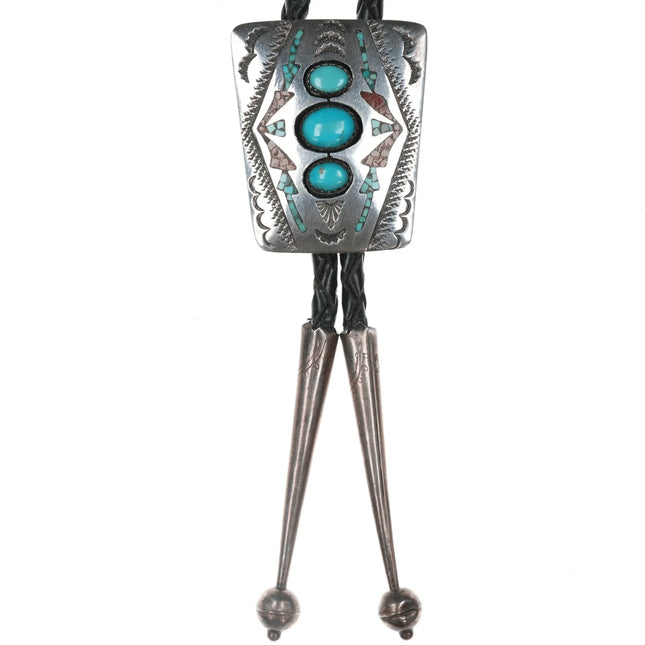 c1970 Navajo Chip inlay sterling bolo tie with turquoise cabochons - Estate Fresh Austin