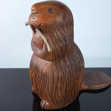 c1970's Sarried Ltd Finely Carved Beaver Sculpture with Brass stick - Estate Fresh Austin