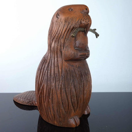 c1970's Sarried Ltd Finely Carved Beaver Sculpture with Brass stick - Estate Fresh Austin