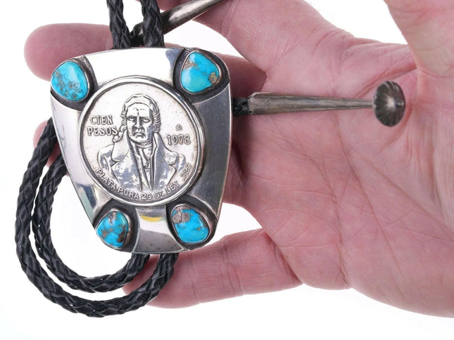 c1978 Frank Patania Jr modernist sterling bolo turquoise & Mexican 100 Peso - Estate Fresh Austin