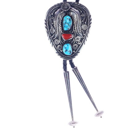 c1980 38" R Navajo sterling, turquoise, and coral snake bolo tie - Estate Fresh Austin