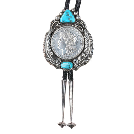 c1980 James Victor Begay Navajo sterling and turquoise bolo tie with 1921 dollar - Estate Fresh Austin