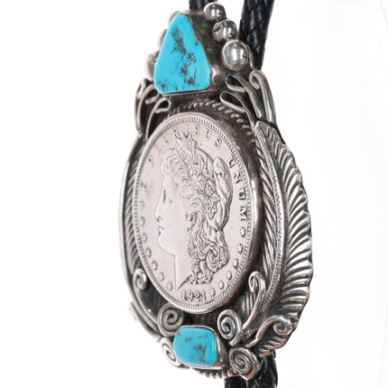 c1980 James Victor Begay Navajo sterling and turquoise bolo tie with 1921 dollar - Estate Fresh Austin