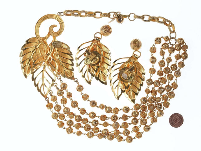 c1990 French Philippe Ferrandis Paris gold-tone runway necklace and clip-on earr - Estate Fresh Austin
