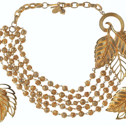 c1990 French Philippe Ferrandis Paris gold-tone runway necklace and clip-on earr - Estate Fresh Austin
