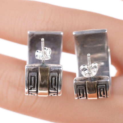Calvin Begay Early Work 14K Gold & Sterling Silver Geometric Overlay Earrings - Estate Fresh Austin