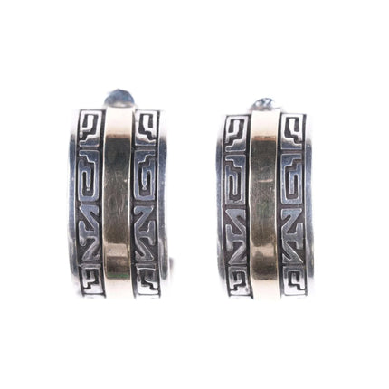 Calvin Begay Early Work 14K Gold & Sterling Silver Geometric Overlay Earrings - Estate Fresh Austin