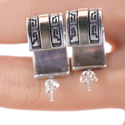 Calvin Begay Early Work 14K Gold & Sterling Silver Geometric Overlay Earrings - Estate Fresh Austin