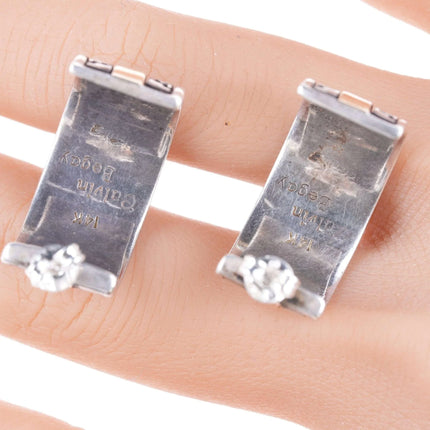 Calvin Begay Early Work 14K Gold & Sterling Silver Geometric Overlay Earrings - Estate Fresh Austin